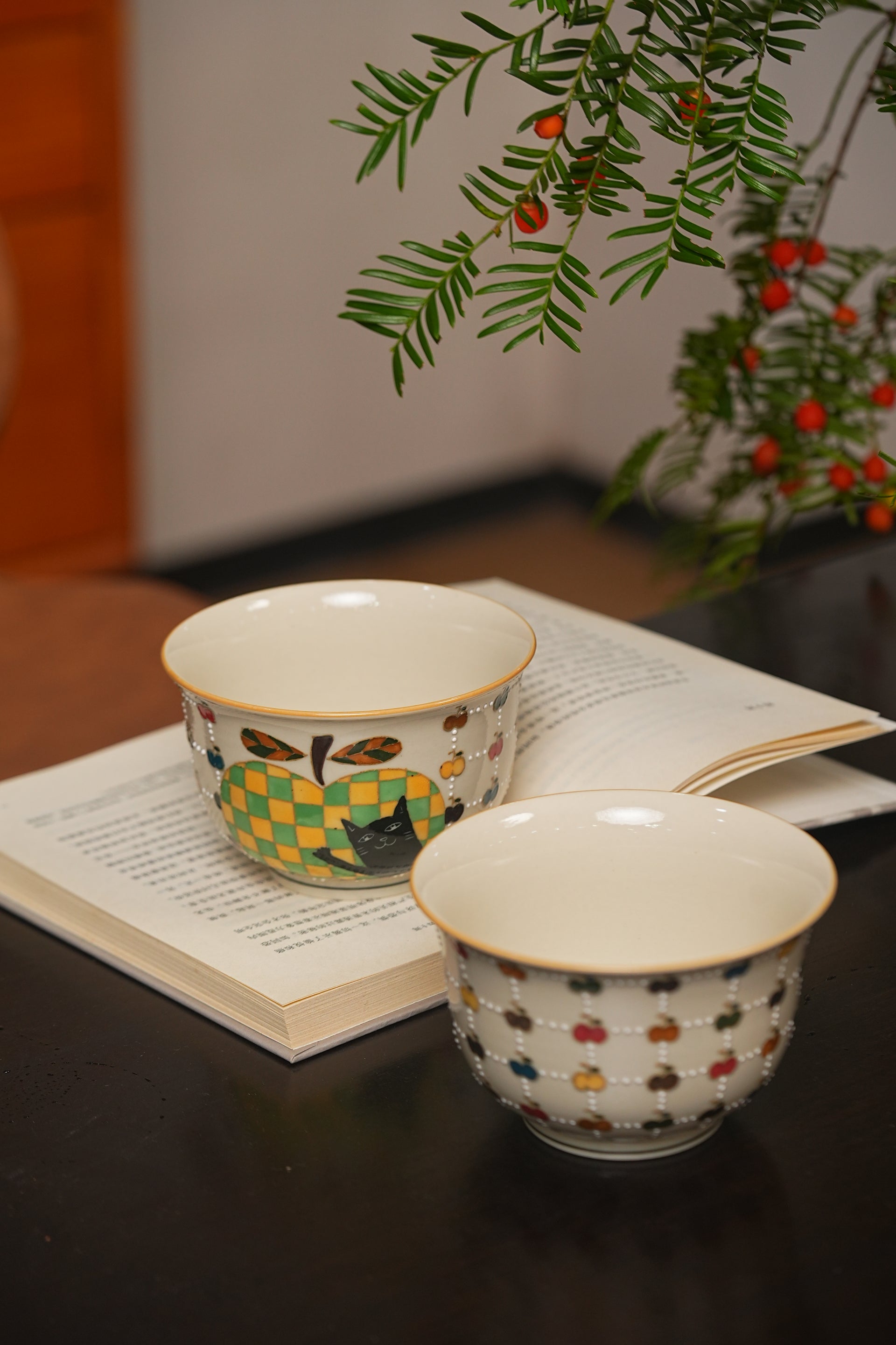 Green Apple Cat Pattern Bowl – Hand-Painted Whimsy