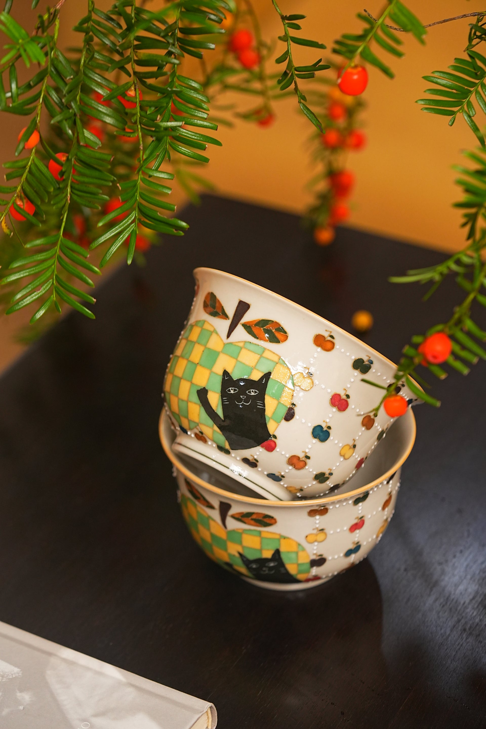 Green Apple Cat Pattern Bowl – Hand-Painted Whimsy