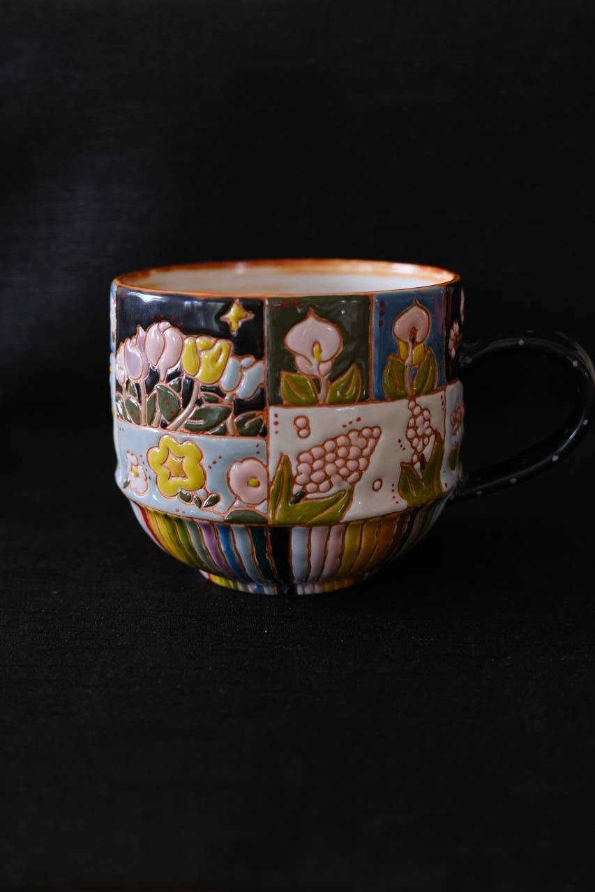 Puzzle White Clay Mug – Stripes & Floral Motif