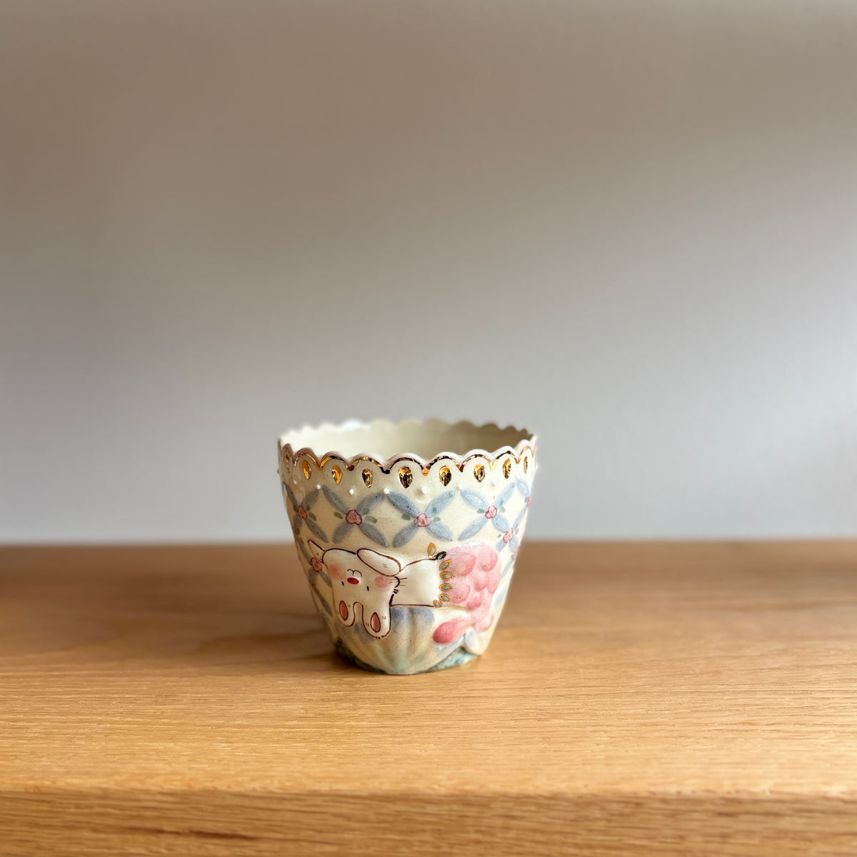 Hand-Sculpted Relief Mermaid Bunny Scalloped Cup