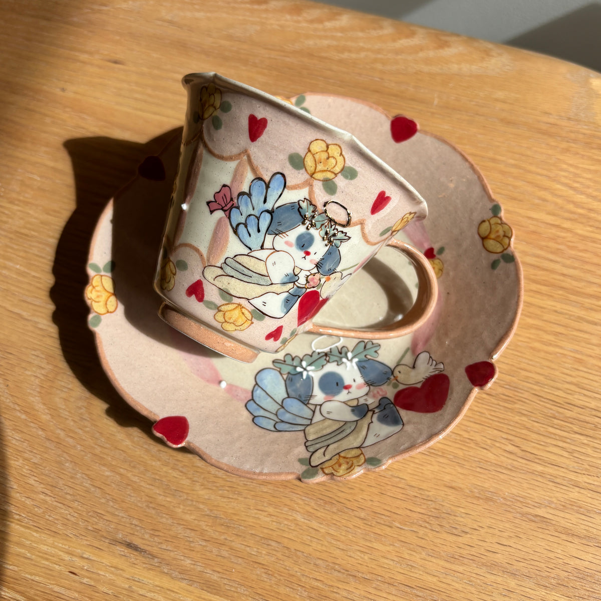Orange-Pink Bunny Heart Scalloped Cup & Saucer Set