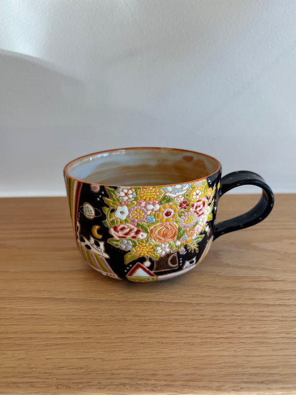 Puzzle White Clay Mug – Blooming Flowers & Starry Glaze