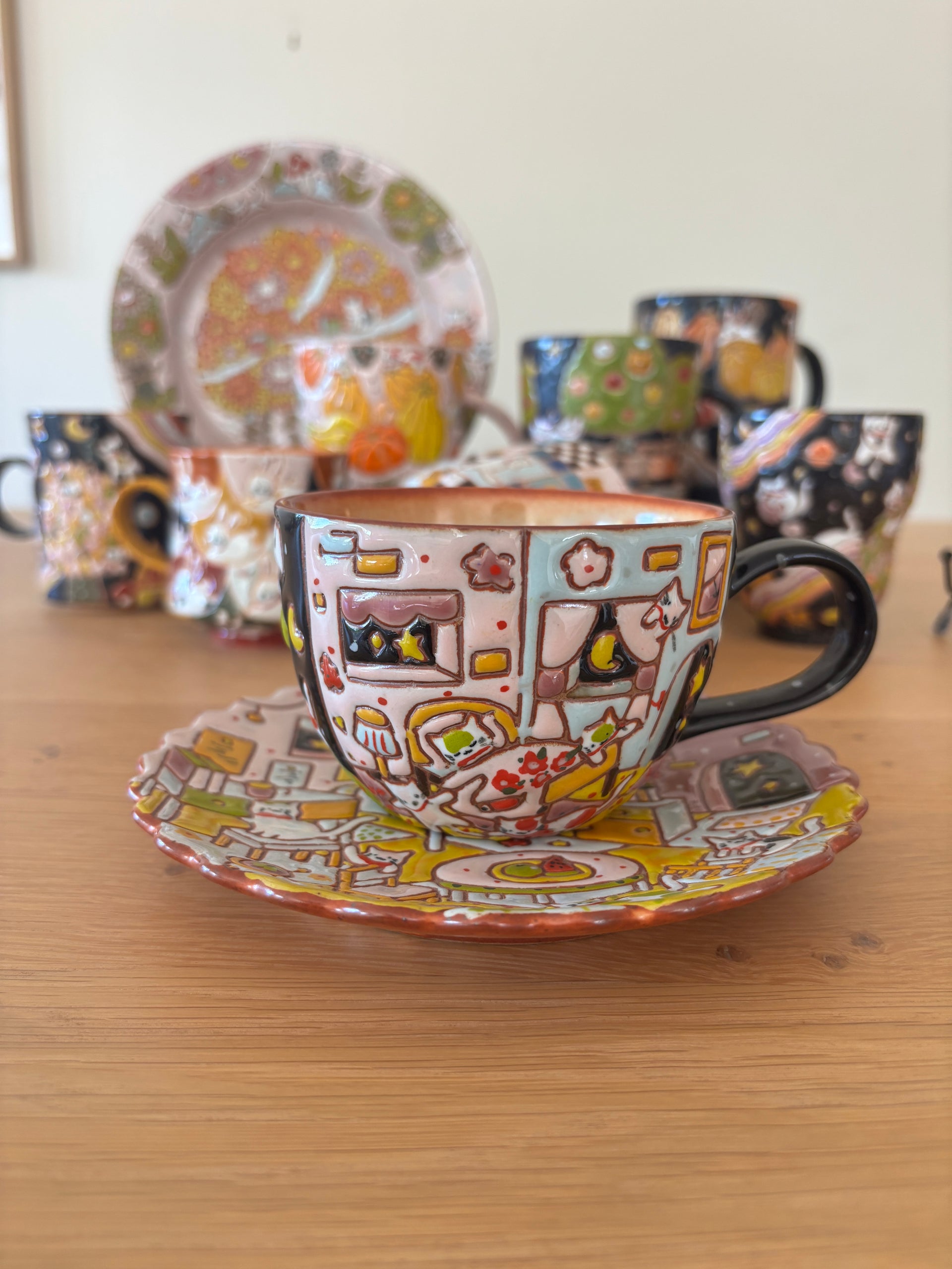 Intricately Handmade Nightscape Cat Cup Set