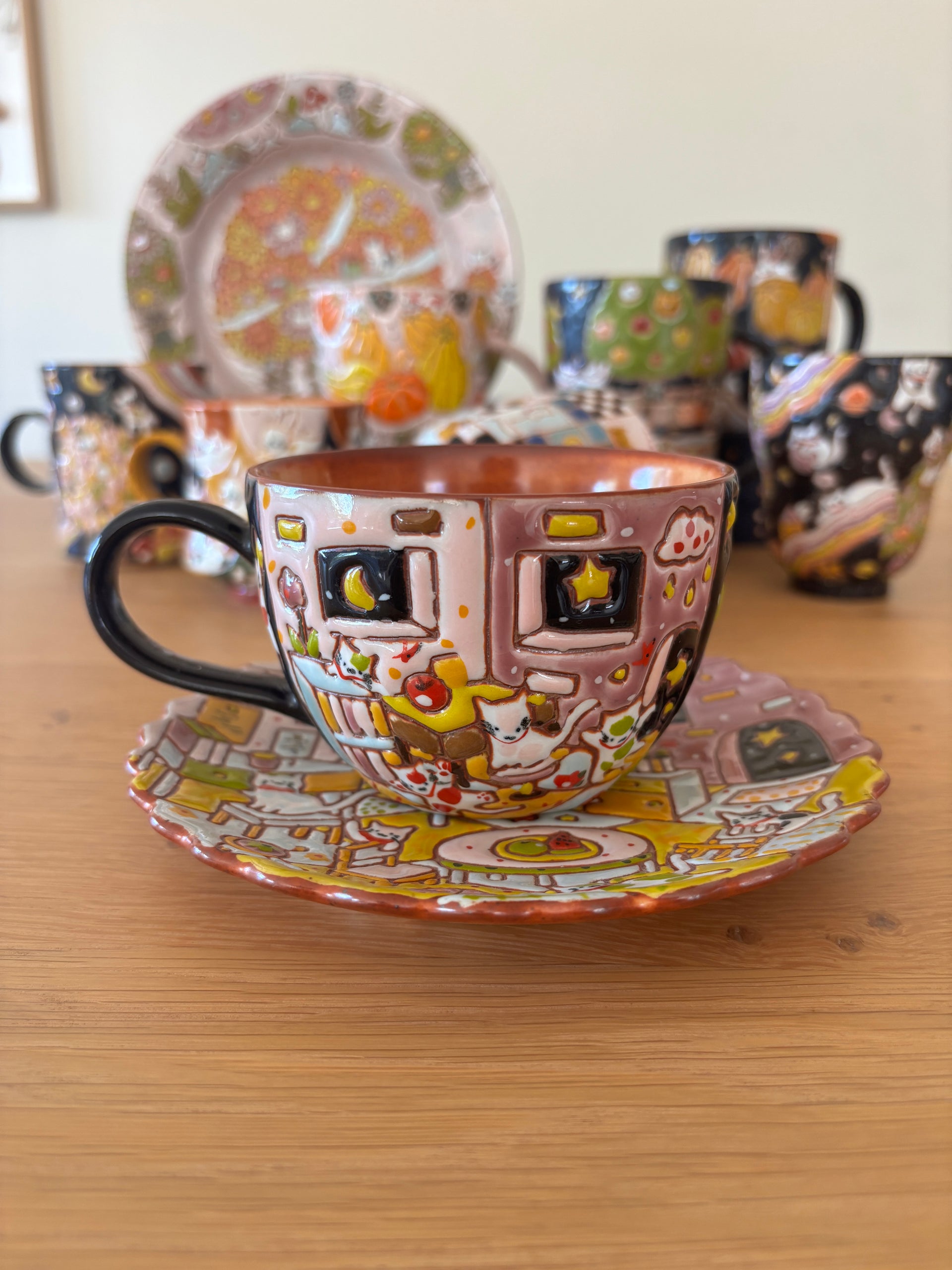 Intricately Handmade Nightscape Cat Cup Set