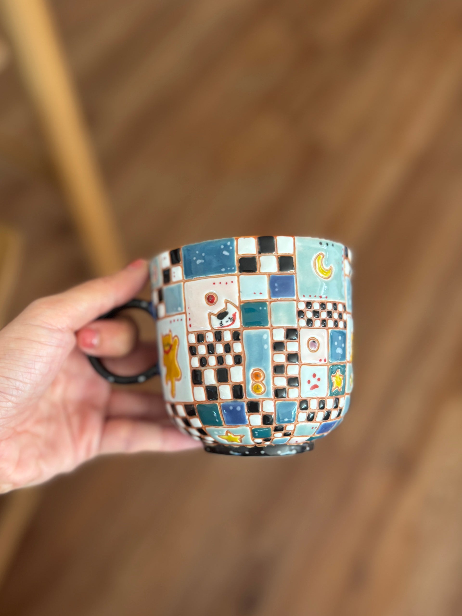Blue Plaid Cat Handle Mug