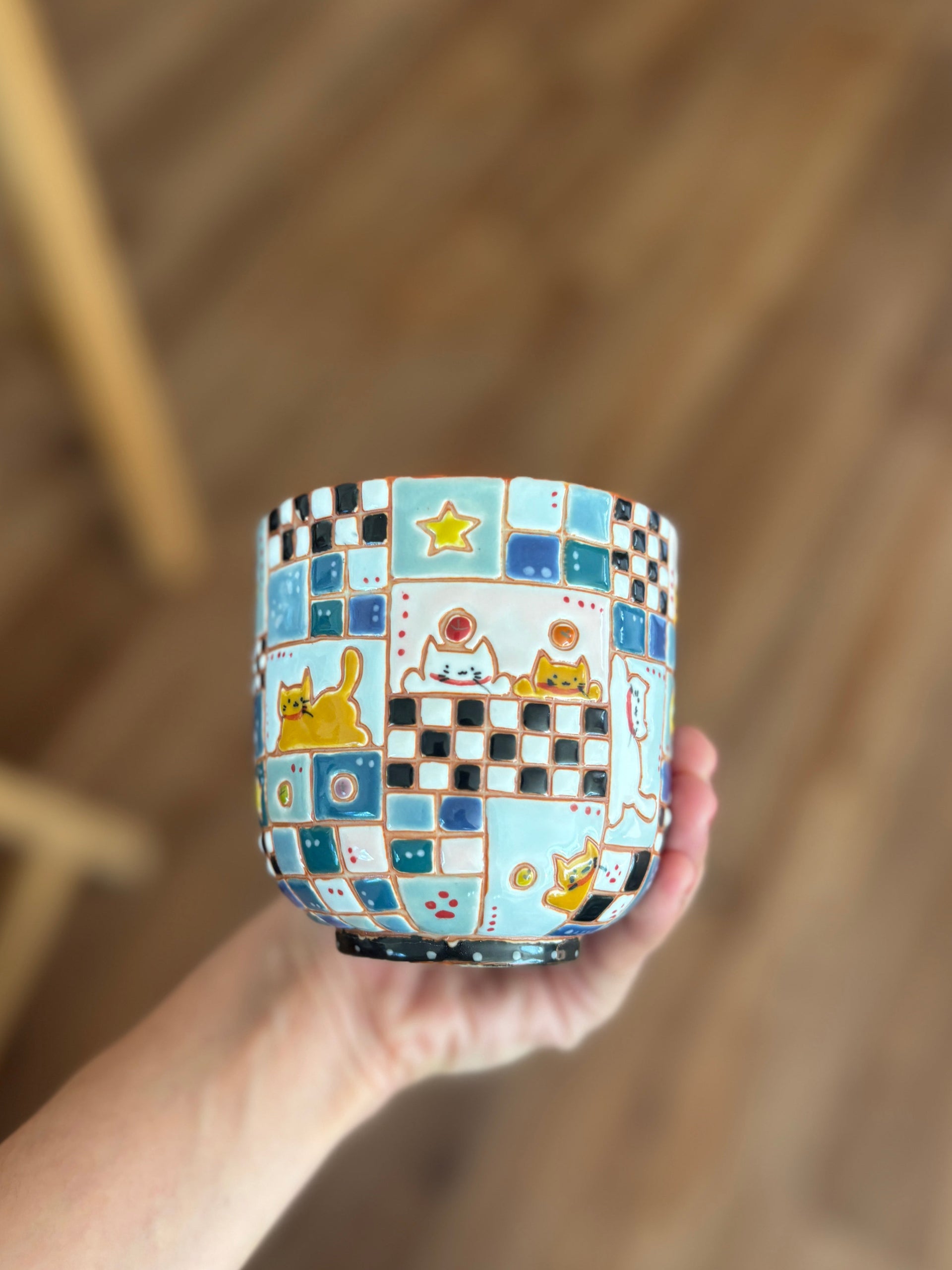 Blue Plaid Cat Handle Mug