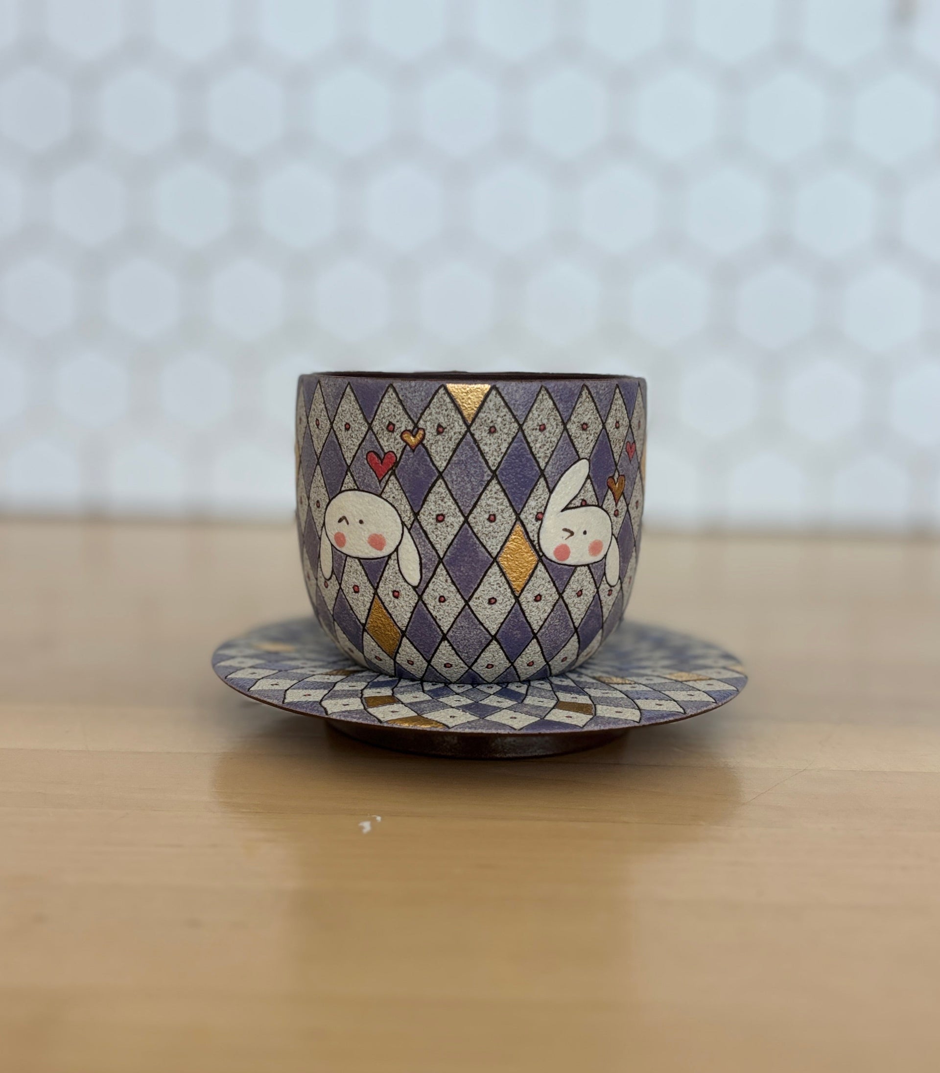Purple Rhombus Rabbit Cup Set