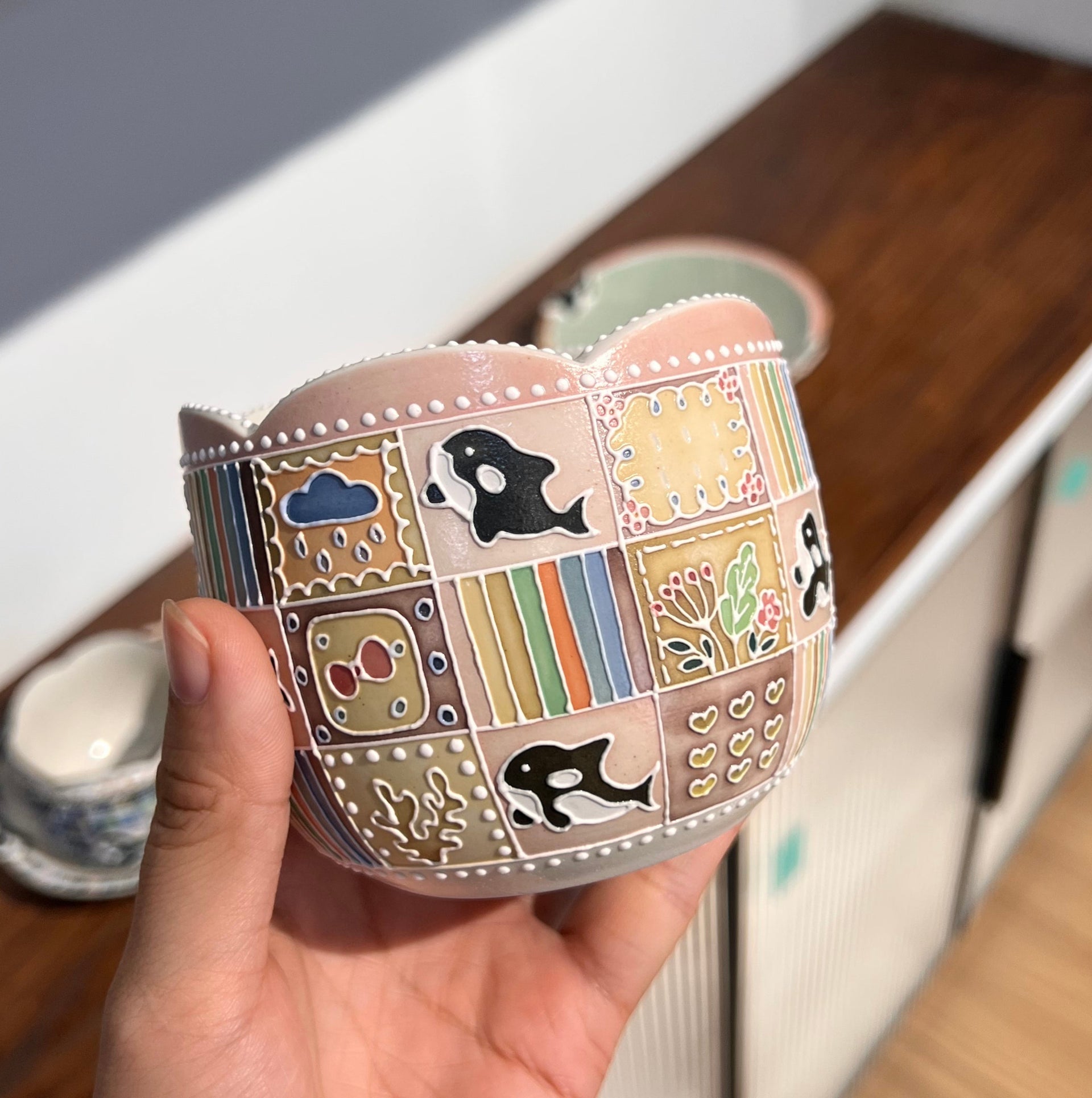 Orca Checkered Floral Rim Chubby Pink Cup