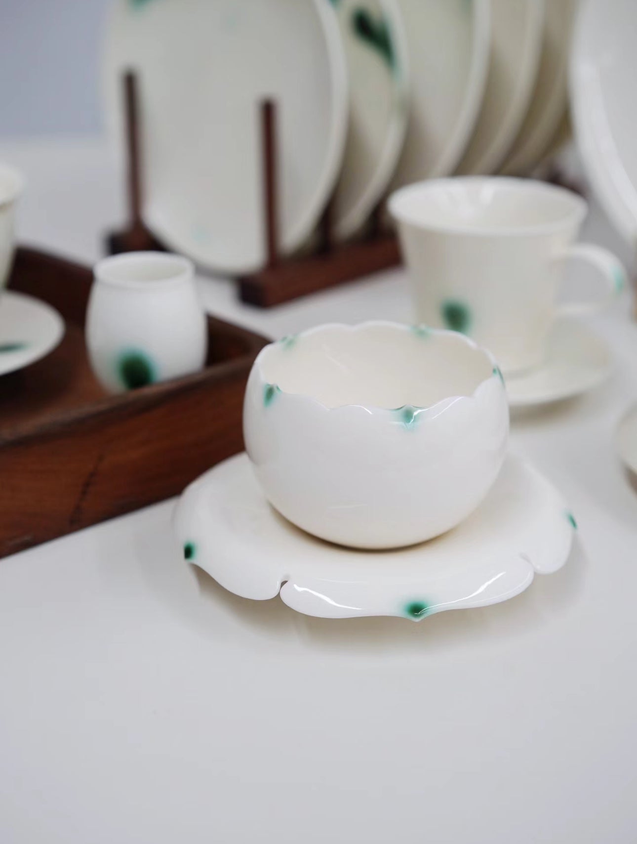 Handcrafted Green Glaze Collection Coffee Cup Set Flower Rim