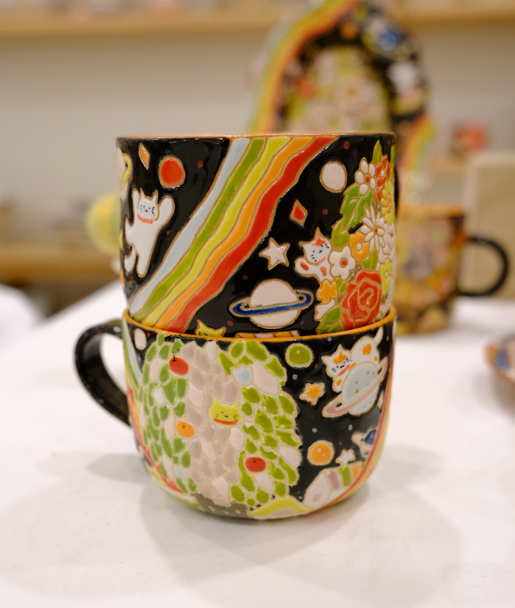 Puzzle White Clay Mug – Blooming Flowers & Starry Glaze