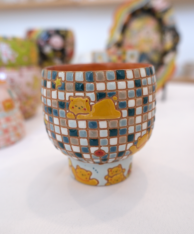 Blue Plaid Stemmed Cup