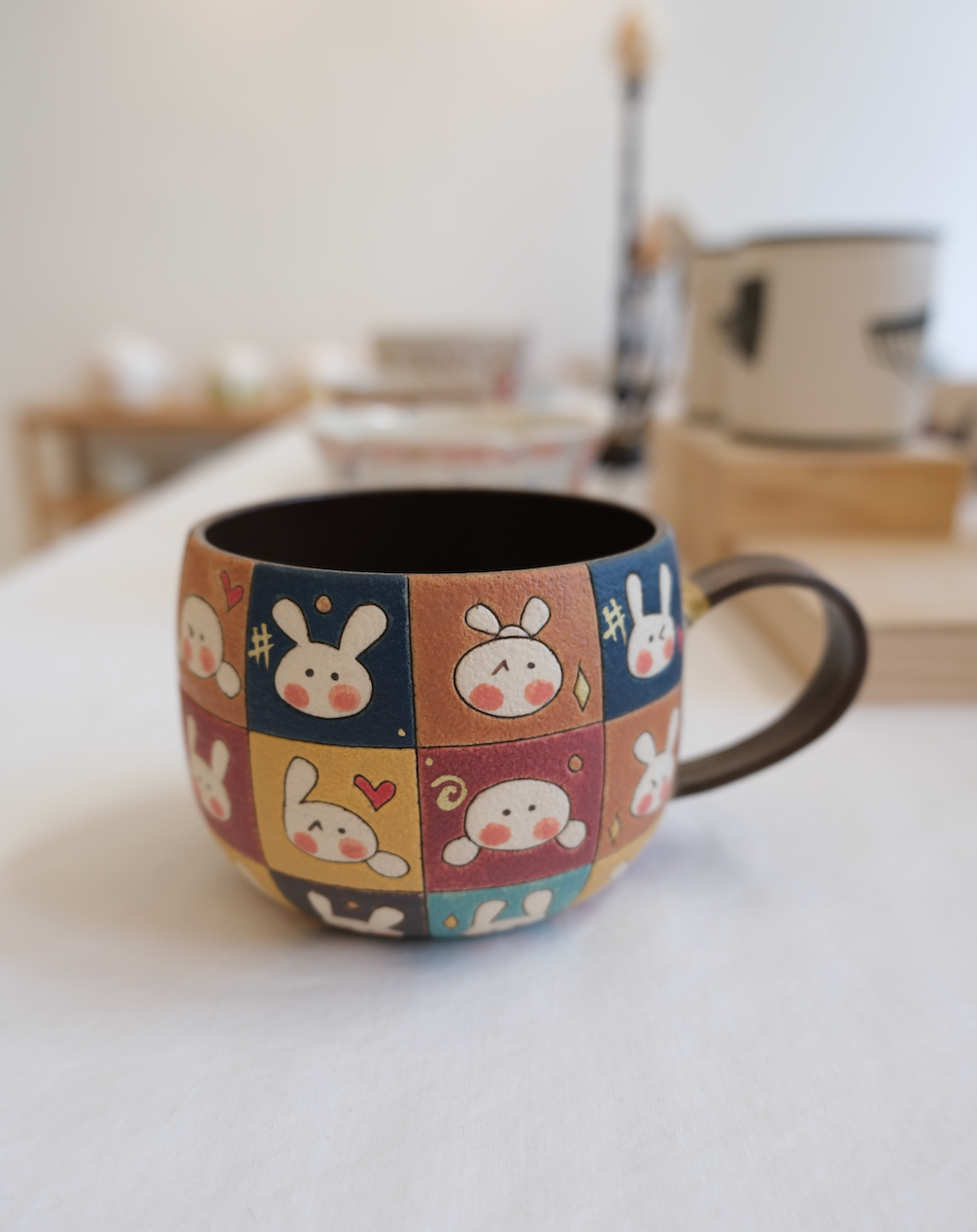 Colorful Checkered Rabbit Handle Cup