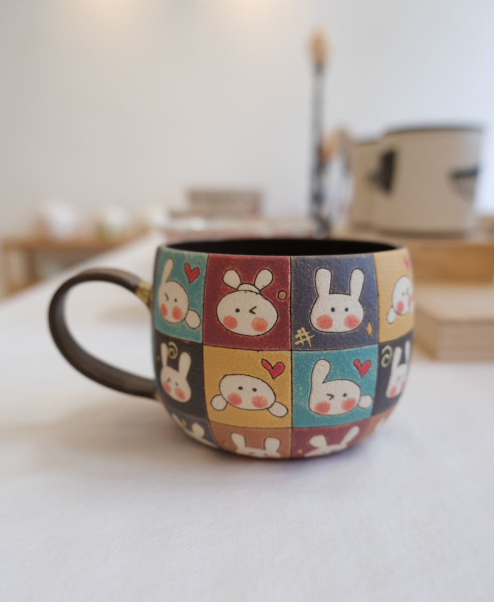 Colorful Checkered Rabbit Handle Cup