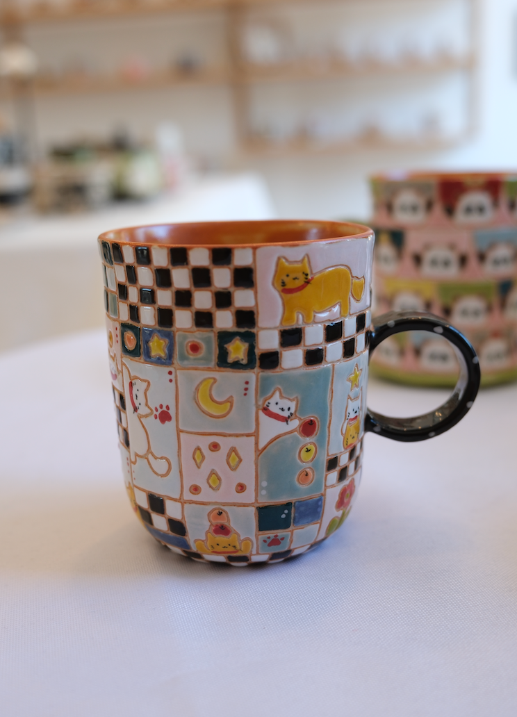 Blue Plaid Cat Handle Mug