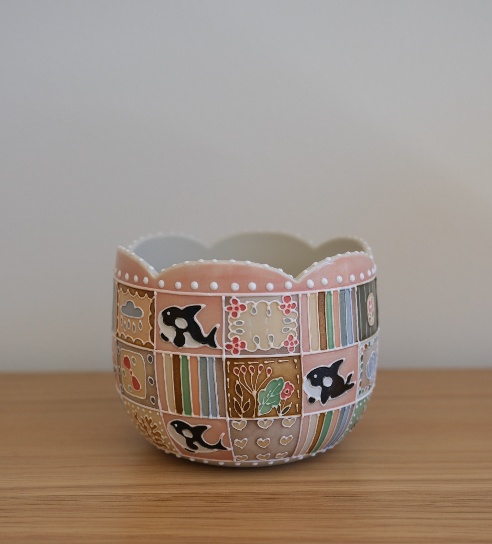 Orca Checkered Floral Rim Chubby Pink Cup