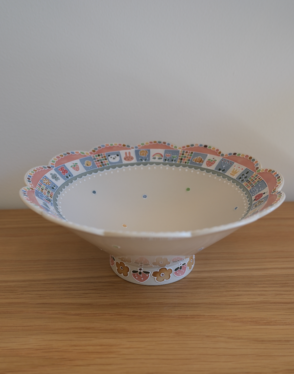 Flared Bowl – Blue & White Grid with Floral Rim