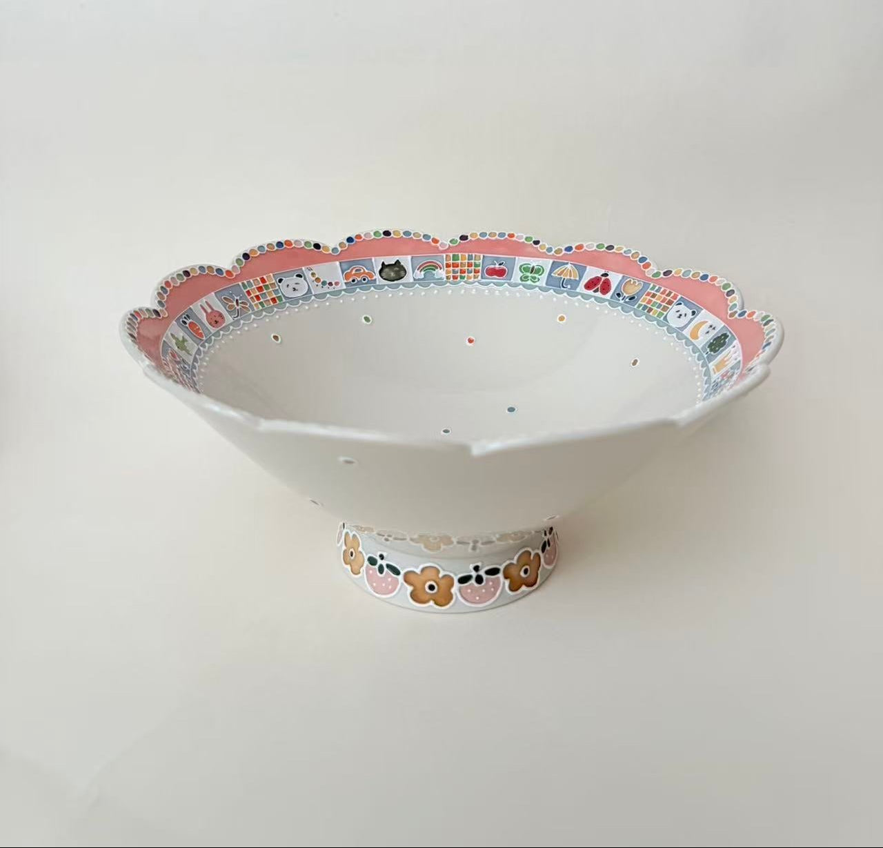 Flared Bowl – Blue & White Grid with Floral Rim