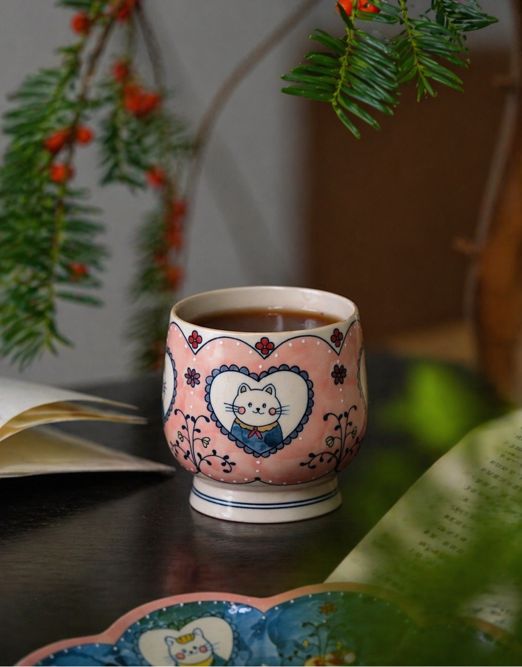 Cat Pattern Footed Coffee Cup - Pink